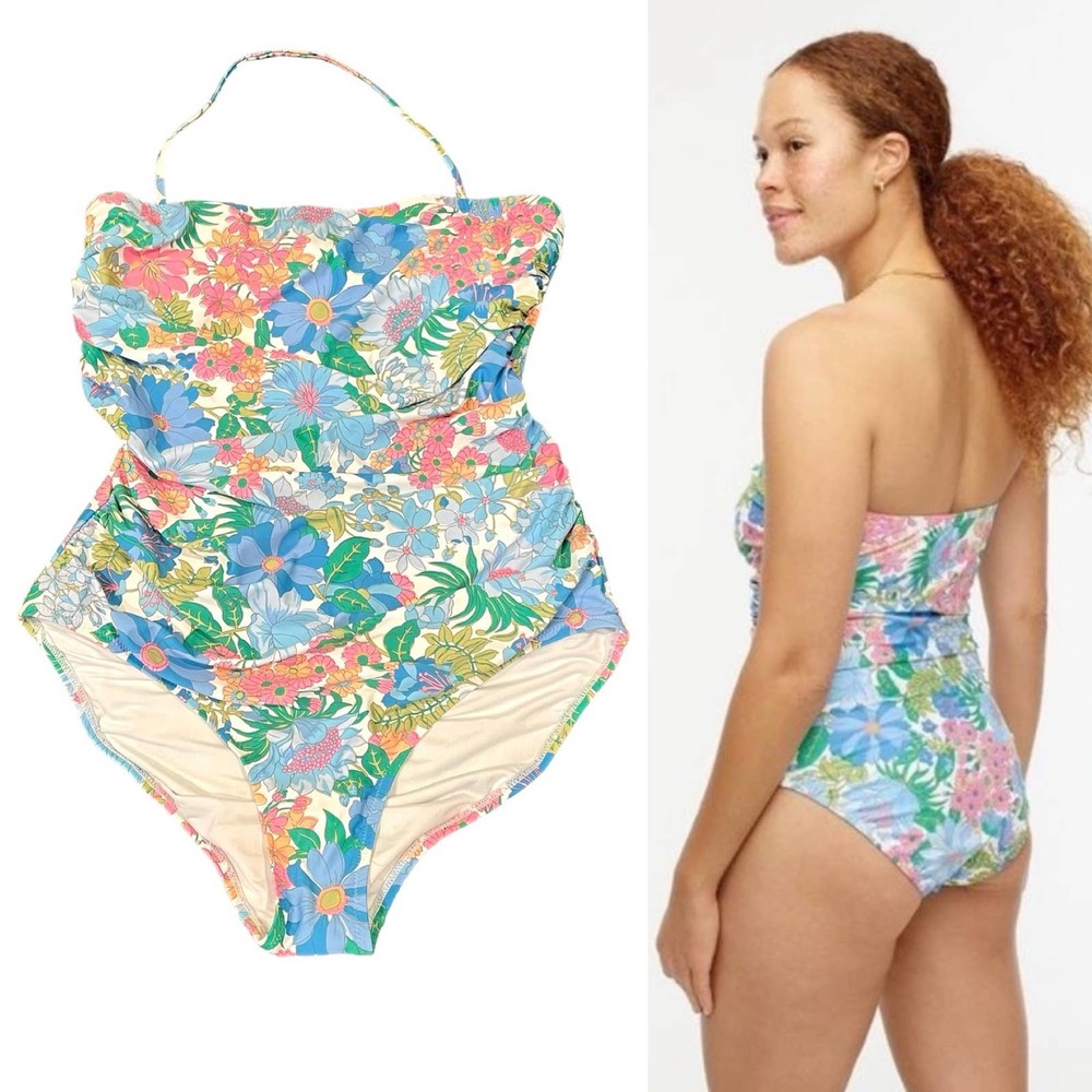 J Crew Floral Bandeau Swimsuit size 12 Blue Multi Removable Halter Coastal Pool